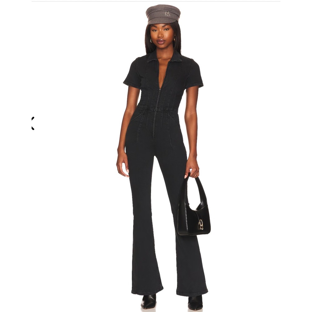 Free People We The Free Jumpsuit Small Black Denim Jayde Flare Boho Stretch Zip - Picture 1 of 11